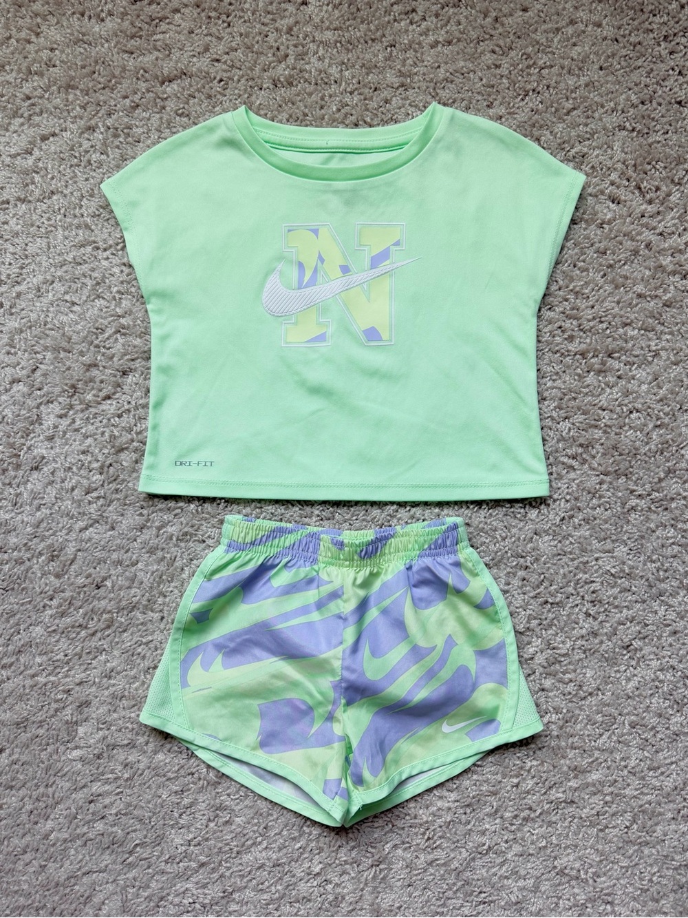 NWOT Nike Toddler Girl Dri-Fit Green and Purple Two-Piece Shirt and Short Set